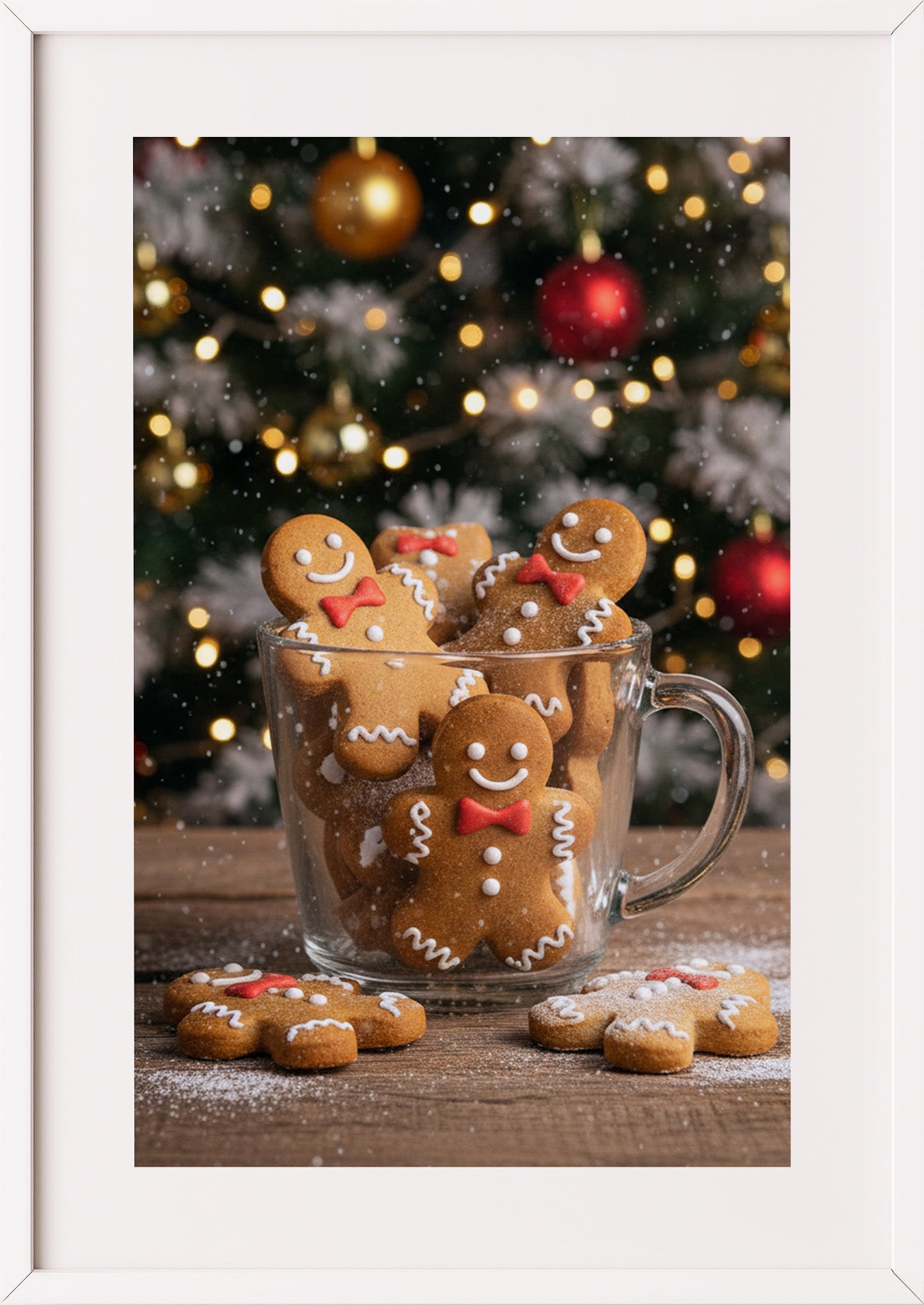 Poster Lebkuchen Männchen mit Weihnachtsdeko 2 im weißen Rahmen