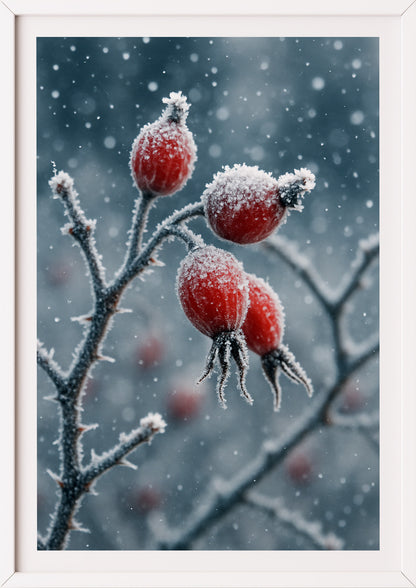 Poster Hagebutte Gefroren Closeup im weißen Rahmen