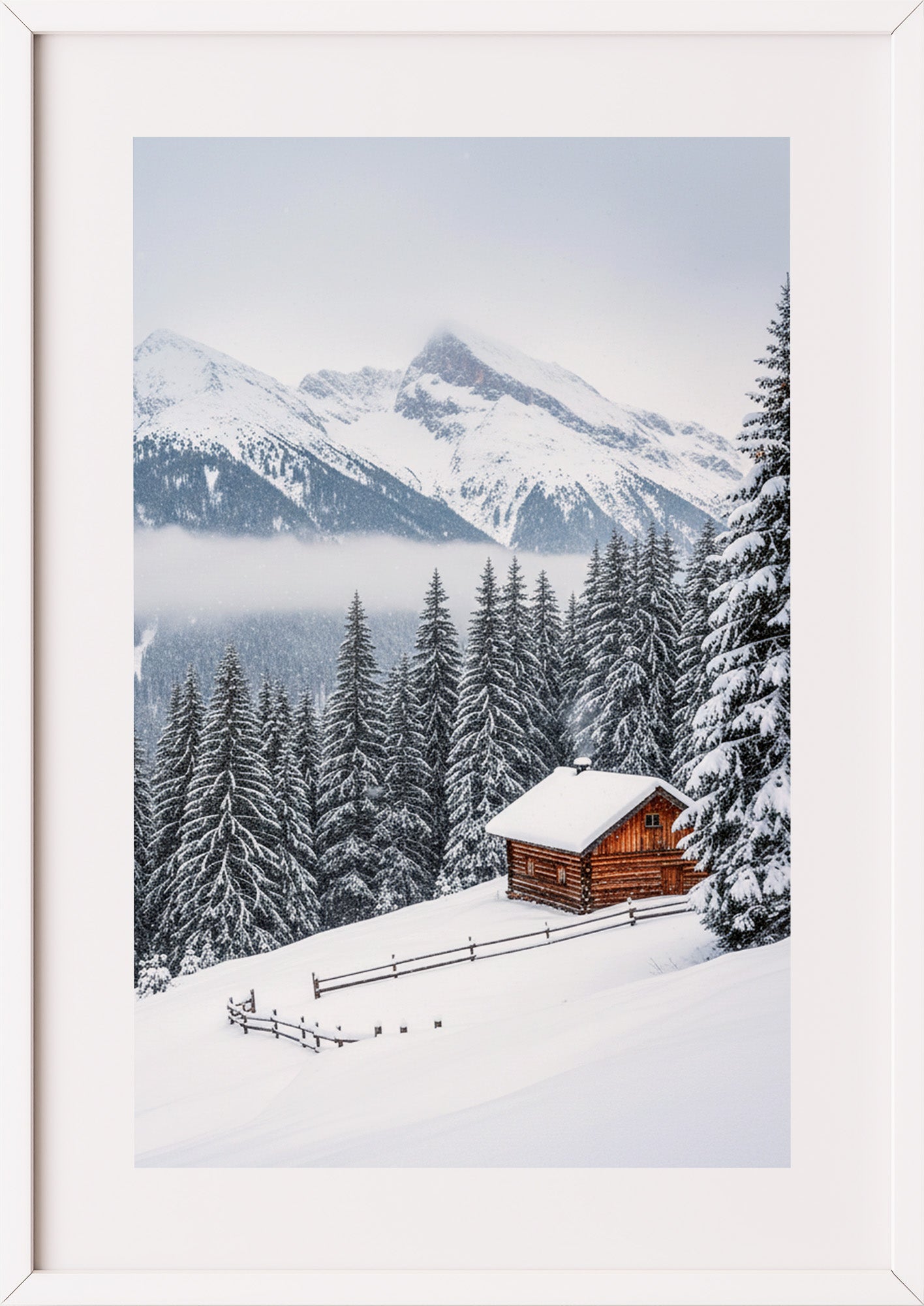 Poster Berghütte im Wald mit Schnee bedeckt im weißen Rahmen