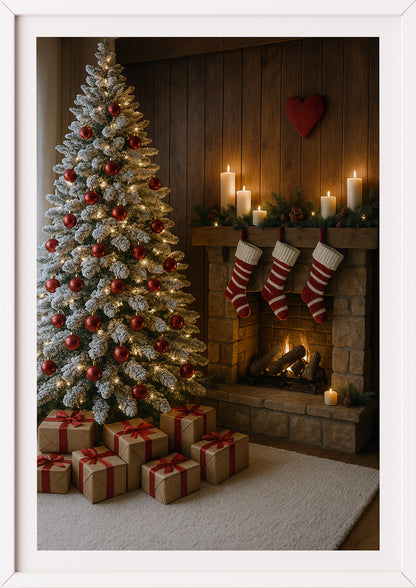 Poster Weihnachtsbaum mit Geschenken im weißen Rahmen