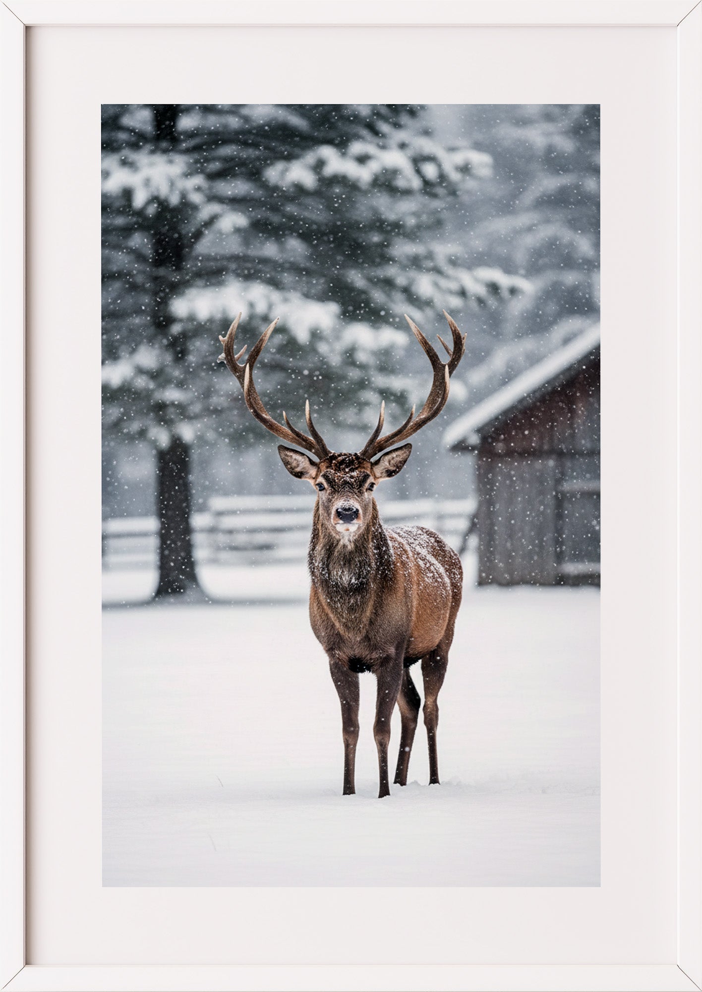 Poster Hirsch im Schnee im weißen Rahmen