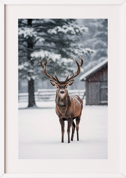 Poster Hirsch im Schnee im weißen Rahmen