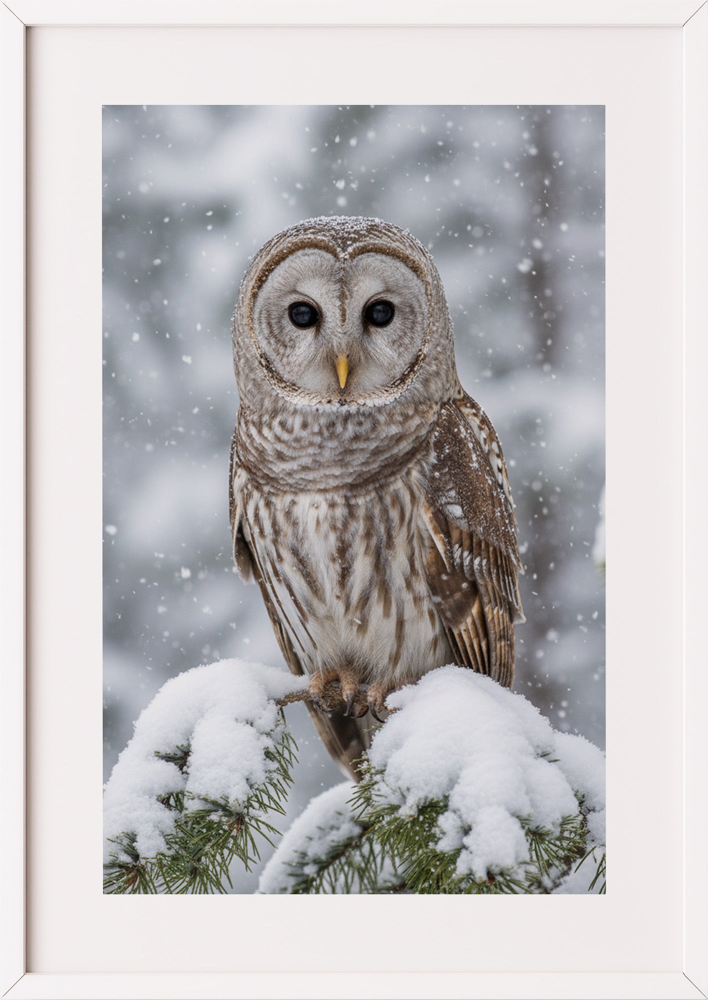 Poster Eule im Schnee im weißen Rahmen