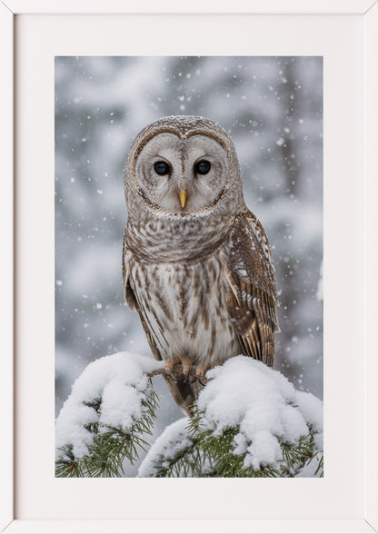 Poster Eule im Schnee im weißen Rahmen