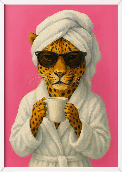 Leopard im Bademantel mit Kaffee gerahmt in weißem Rahmen, dekorative Pop Art Illustration für Küche oder Bad