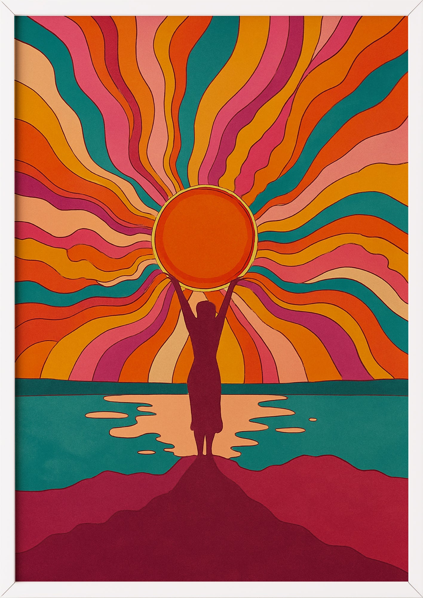 Hippie color sunset Bild im weißen Rahmen modern präsentiert