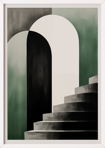 Hochformatiges Poster „BAUHAUS - Stairway - Olive White“ mit weißem Rahmen.