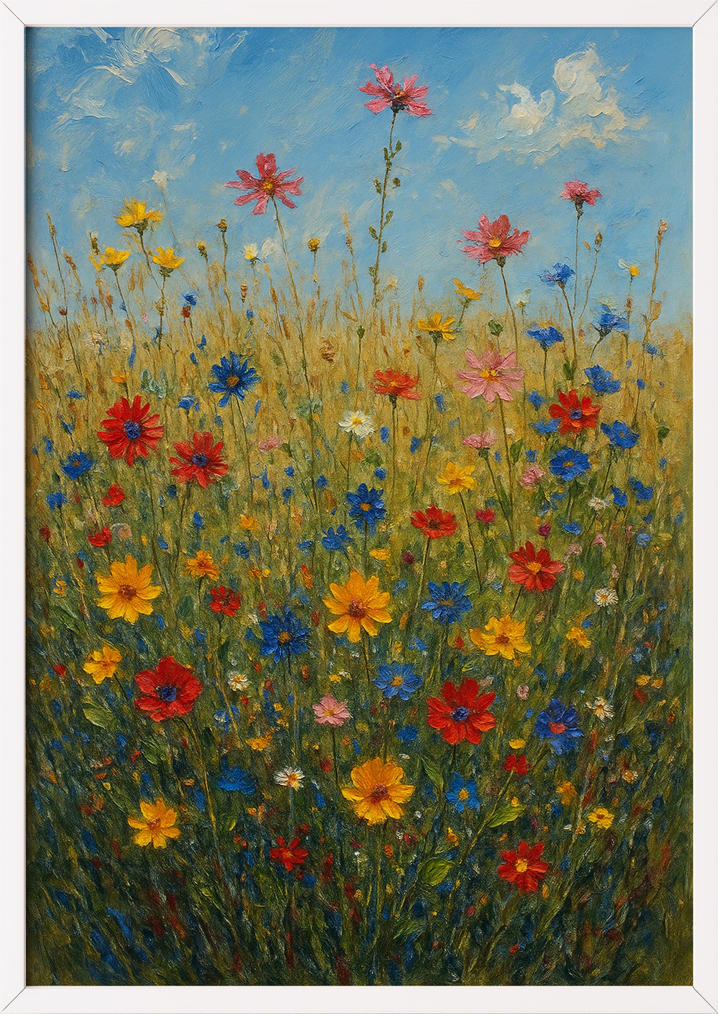 Bunte Blumenwiesen Ölmalerei im weißen Rahmen – fröhliche Wandkunst fürs Schlafzimmer