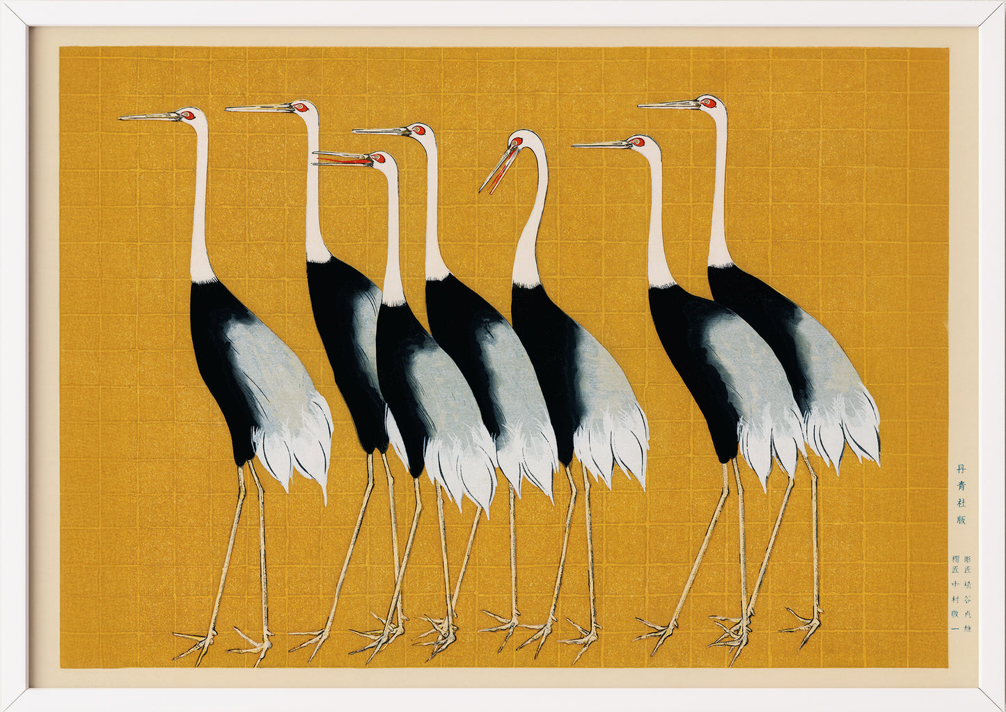 Japanische Kunst von Ogata Korin mit roten Kronenkranichen im weißen Rahmen stilvoll präsentiert