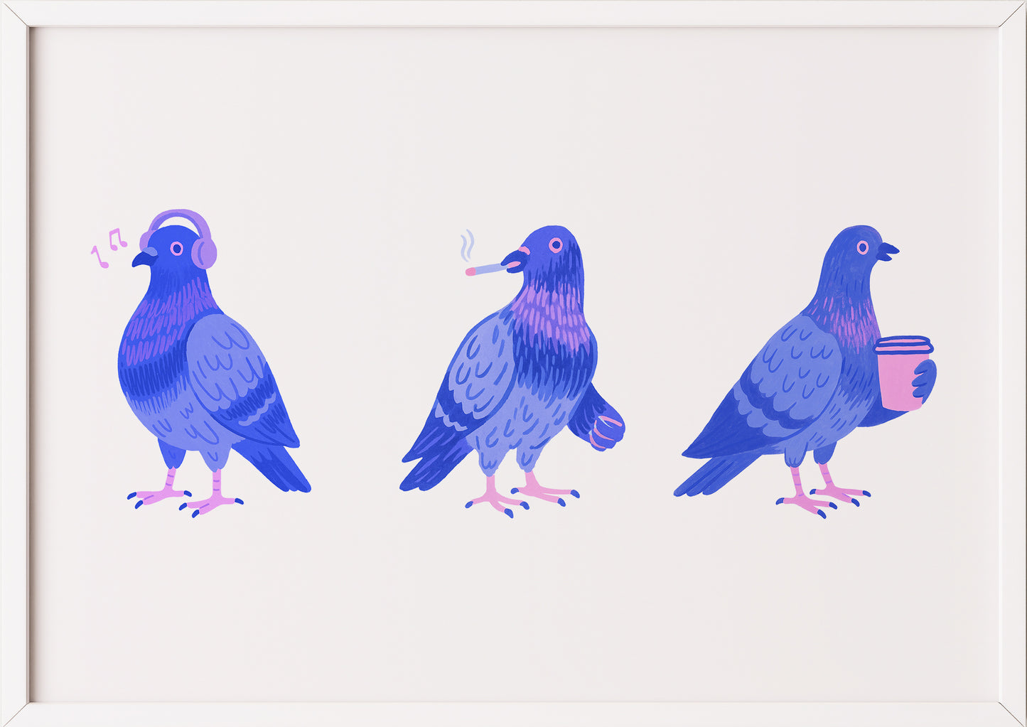 Poster mit drei urbanen Tauben im weißen Rahmen